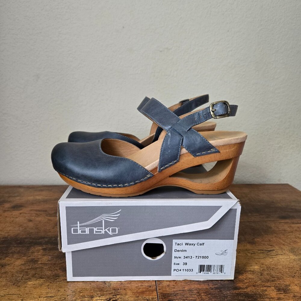 Dansko Denim Blue Leather Wedge Clogs with Ankle Strap